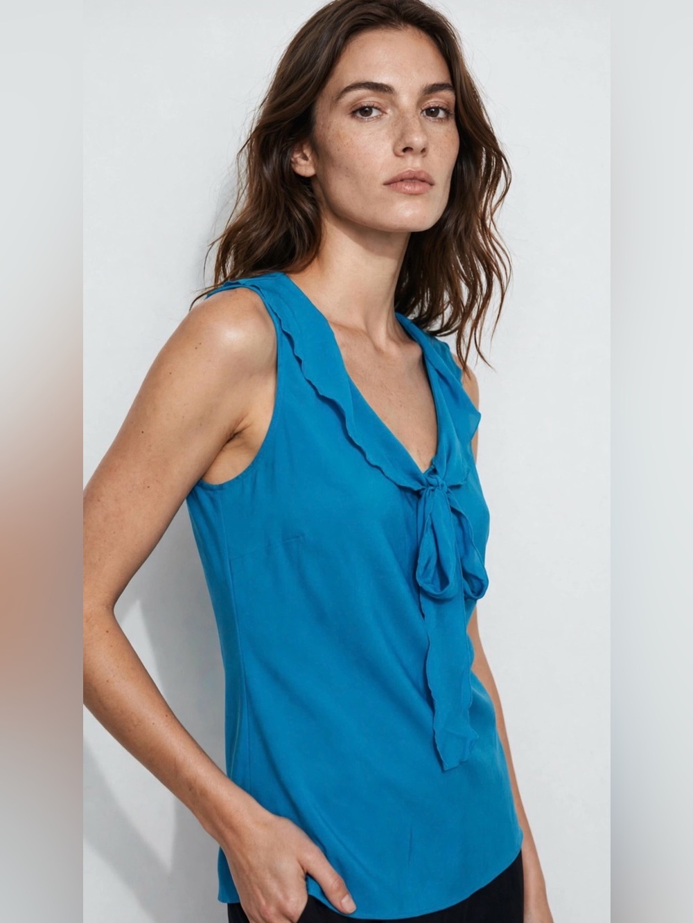 Banana Republic Sleeveless Tie-Neck Ruffle Shell Top - Blue Size Large